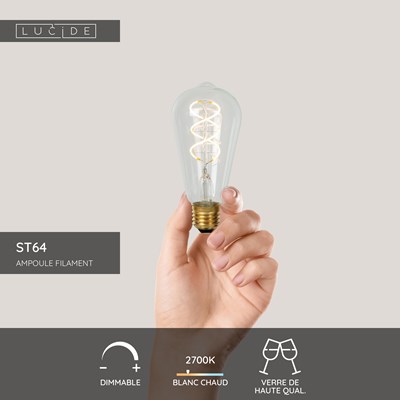 Lucide ST64 - Ampoule filament - Ø 6,4 cm - LED Dim. - E27 - 1x4,9W 2700K - Transparent